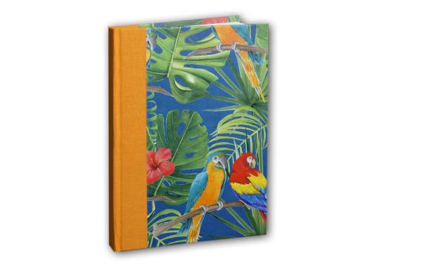 Schreibbuch mit Motiv Ara,bunt, Palmblätter